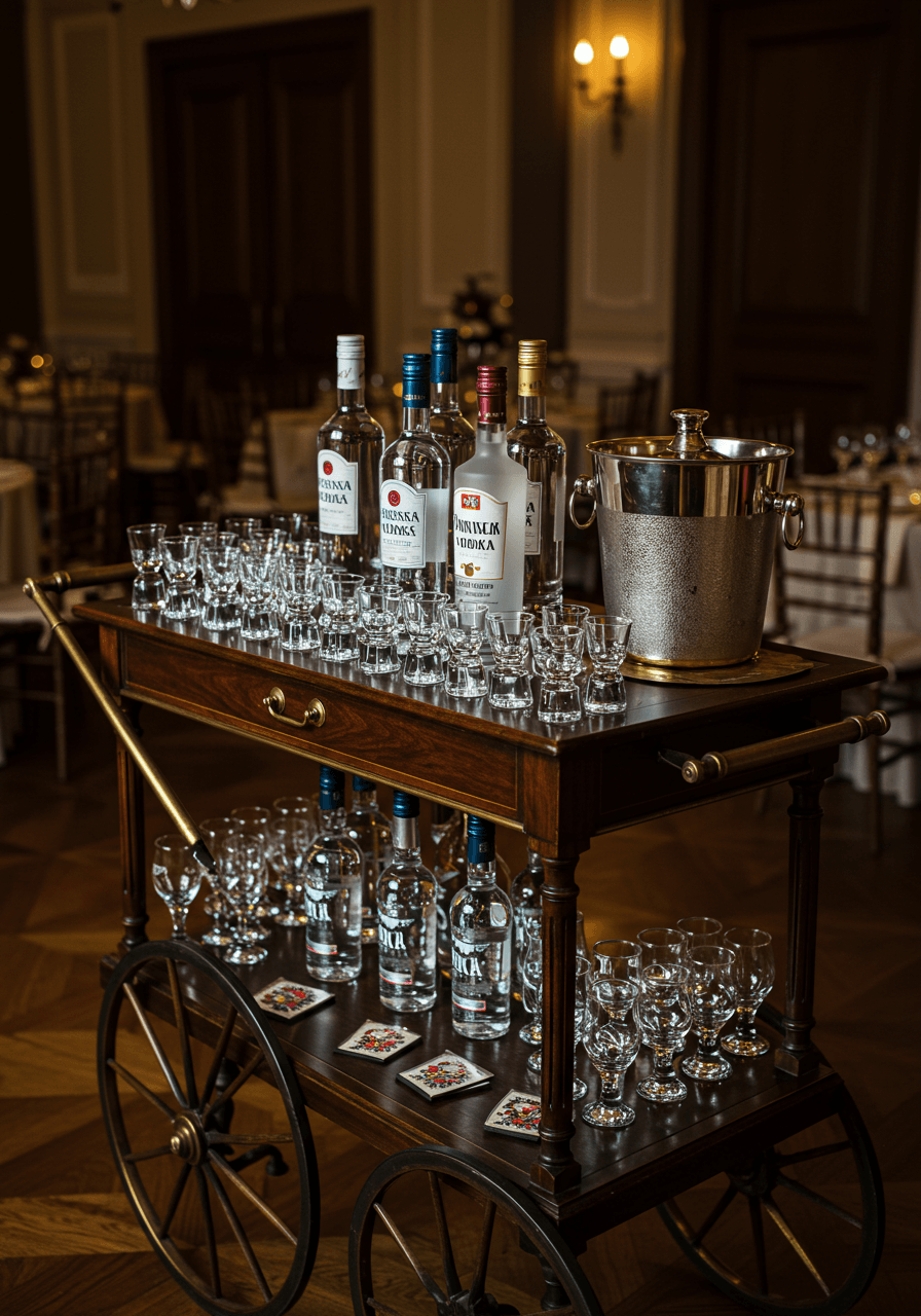 Close-up detail of premium Polish vodka bottles arranged with traditional crystal shot glasses and silver ice bucket