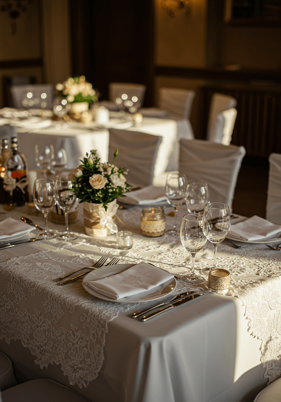 Elegant wedding reception table with traditional Mazovian lace overlays on white linens during golden hour lighting