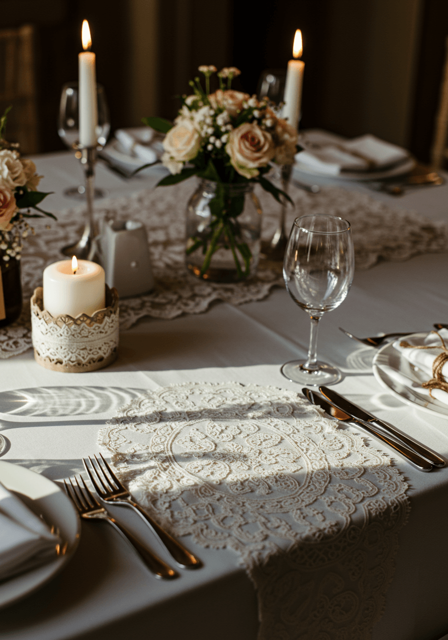 Macro detail of intricate Polish lace patterns with soft votive candles and white floral arrangements