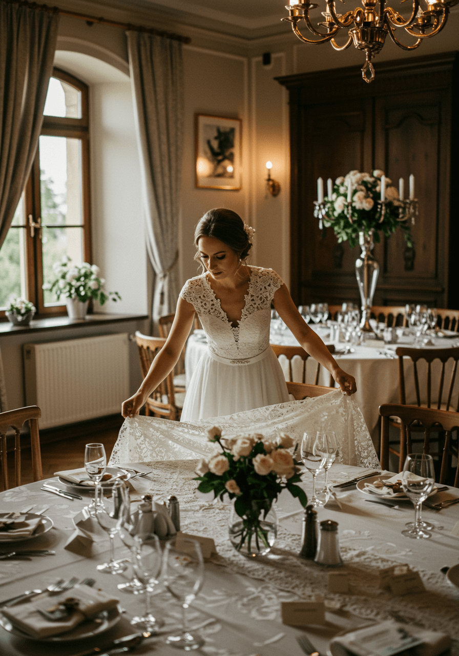 Bride's hands delicately arranging traditional Polish lace table runners with geometric patterns in upscale venue