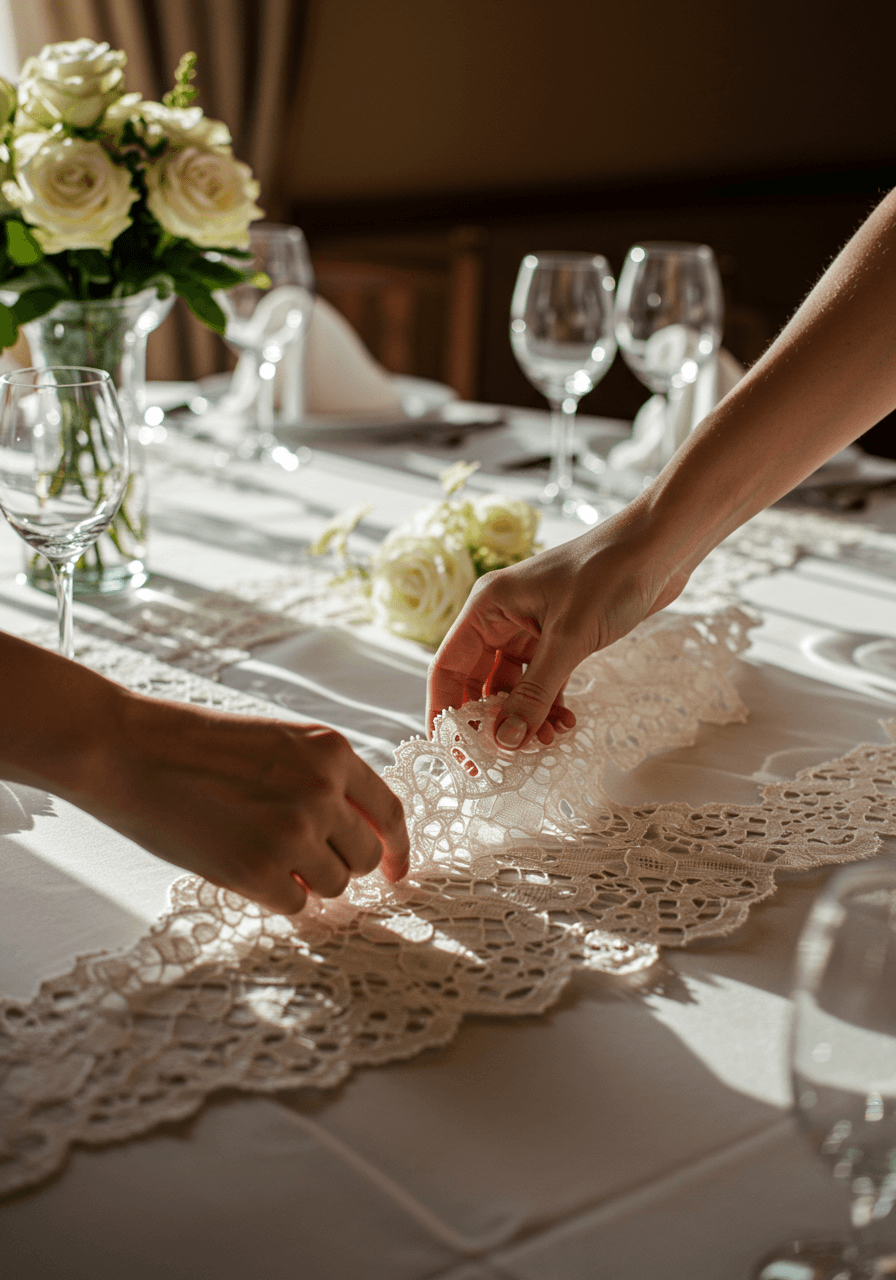 Close-up of hands adjusting intricate Mazovian lace table runners on elegant white wedding reception tables