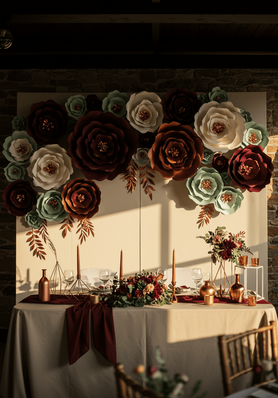 Modern paper flower backdrop installation with oversized burgundy and cream blooms featuring geometric cuts and copper accents