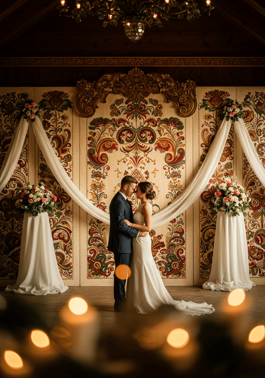 Couple embracing before elaborate Polish folk art ceremony backdrop with burgundy and gold traditional motifs