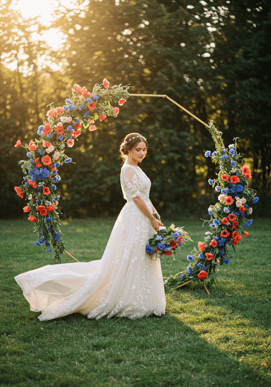 Bride in embroidered Polish folk motif wedding gown standing beside modern geometric floral arch with cornflowers and poppies