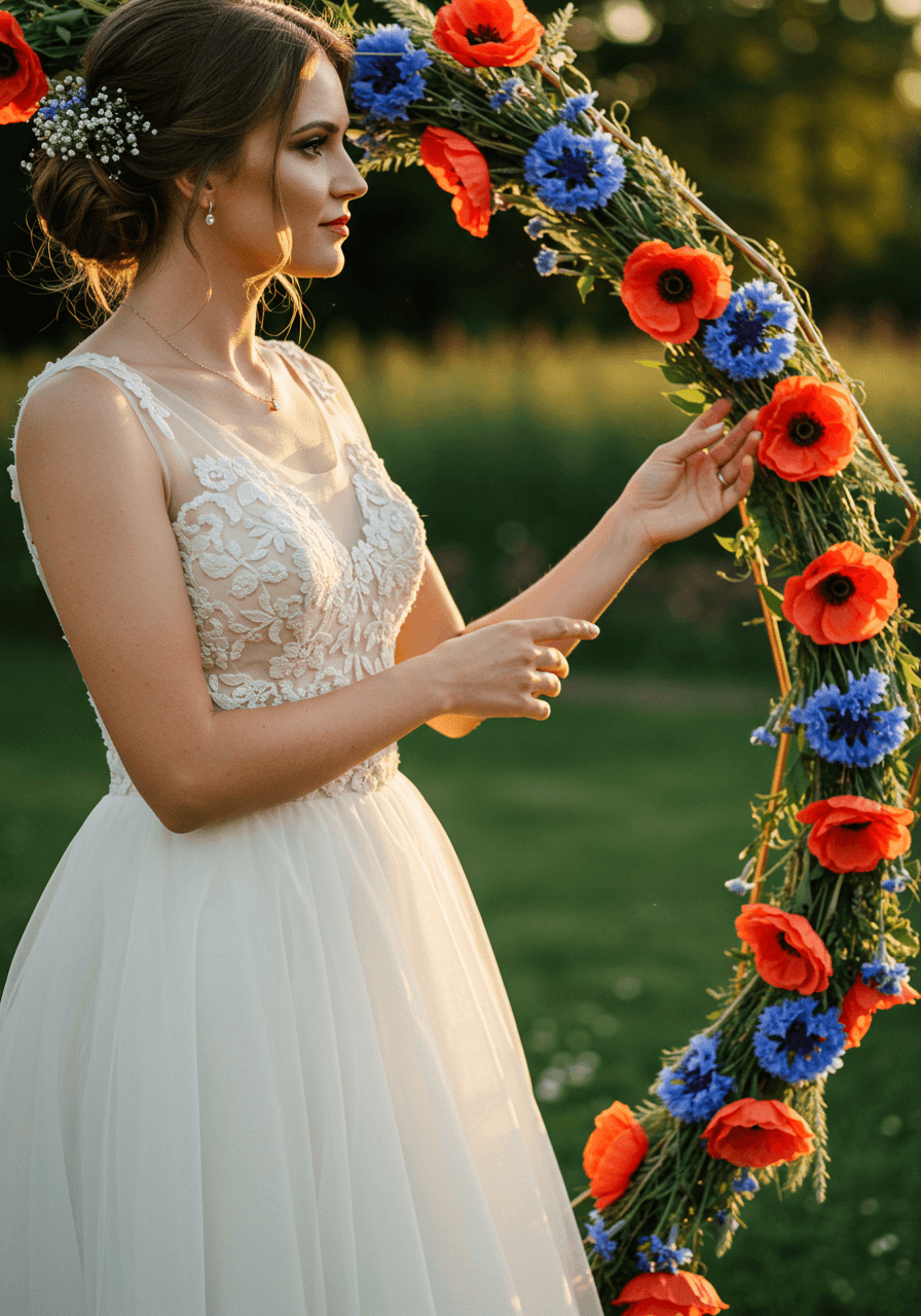 Detail shot of bride's hands touching delicate wildflower arrangements in contemporary garden ceremony setting