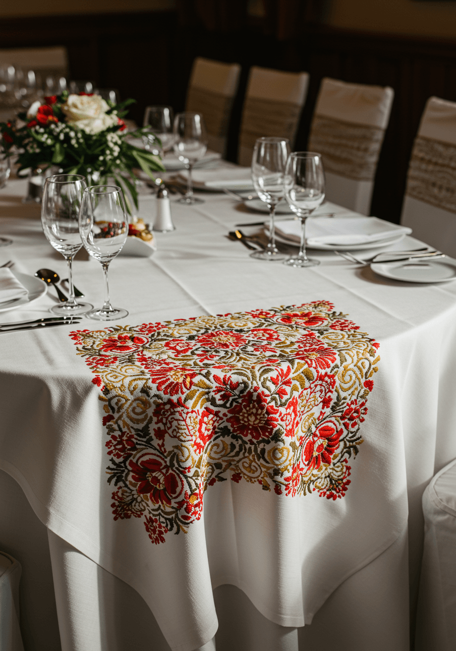Wedding reception table with crisp white linens featuring intricate Polish folk embroidery in red and gold threads