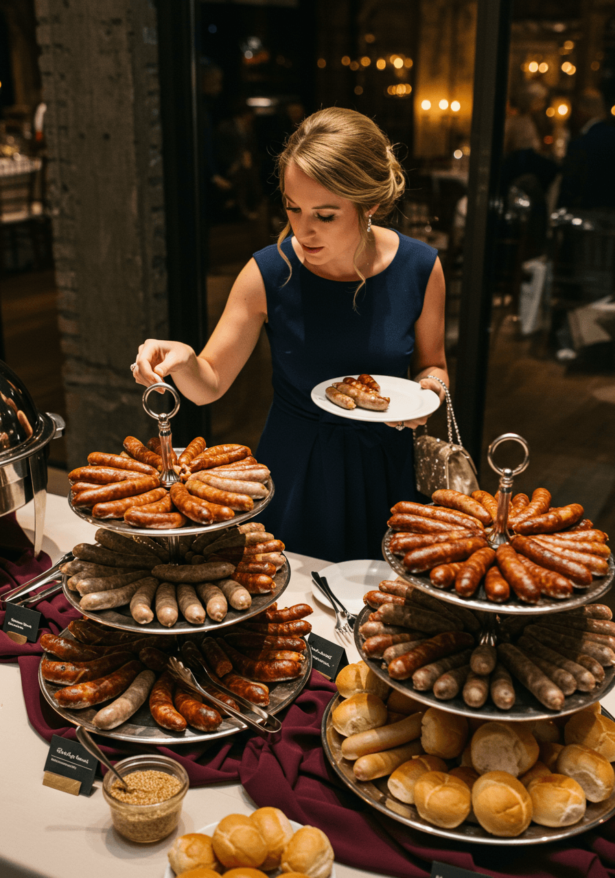 Overhead view of elegant Polish food station with guest contemplating artisanal sausage selection