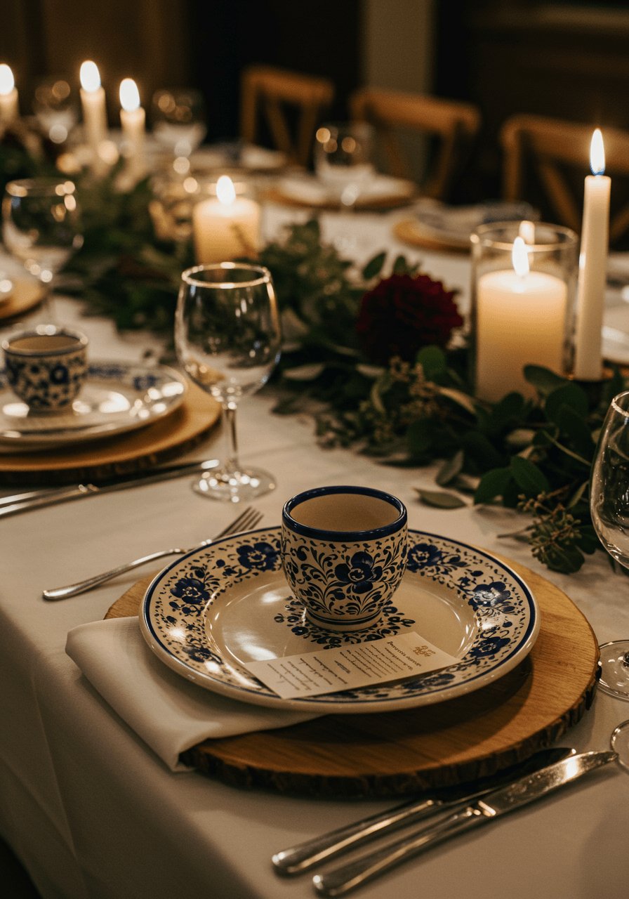 Elegant wedding tablescape featuring traditional Kashubian ceramic plates with blue floral motifs on white linens with burgundy accents