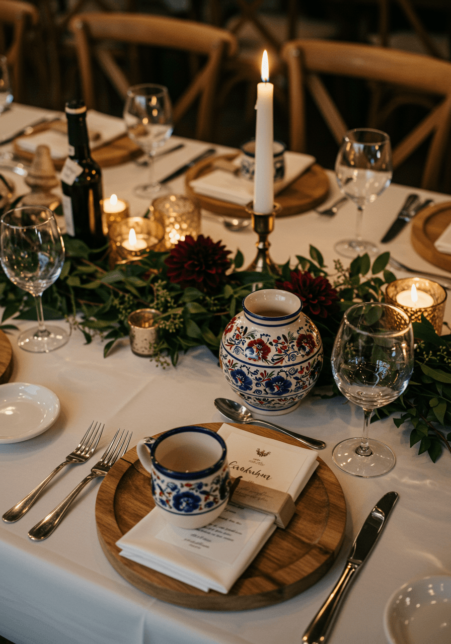 Overhead view of symmetrical wedding table setting with Polish folk-inspired geometric patterns and candlelight