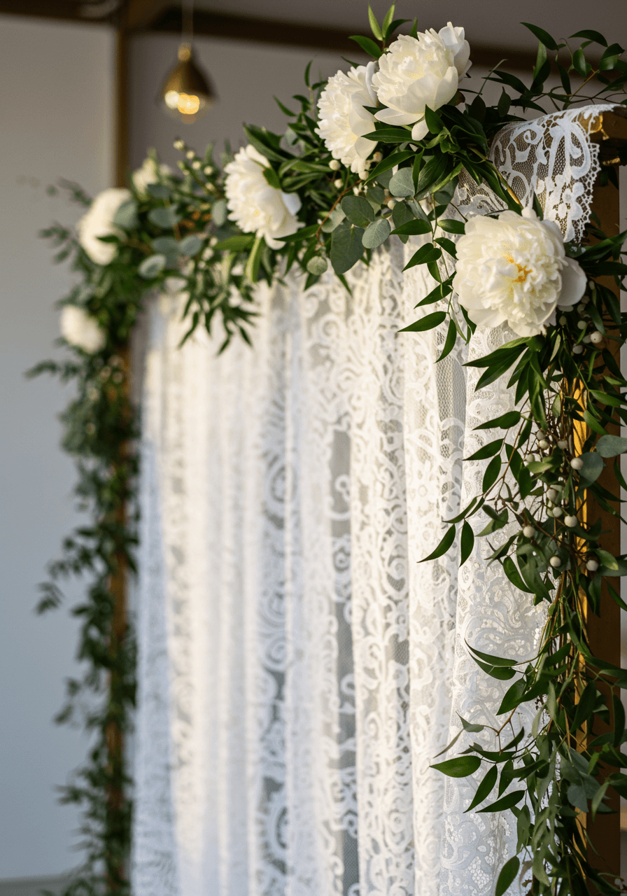 Close-up detail of ornate Polish koronka lace ceremony backdrop with intricate cutwork patterns and white florals