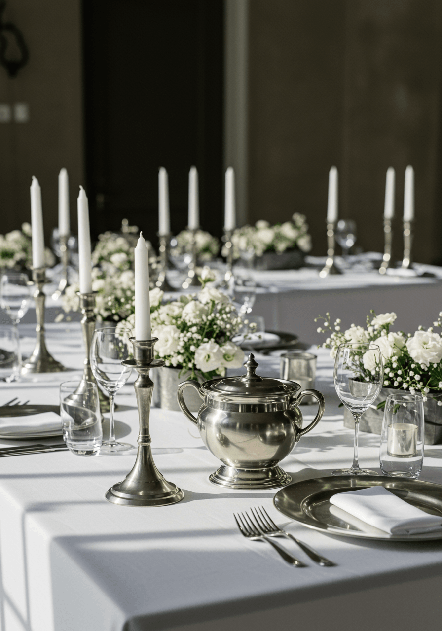 Wide view of sophisticated wedding table setting featuring traditional Polish pewter accessories and crystal glassware