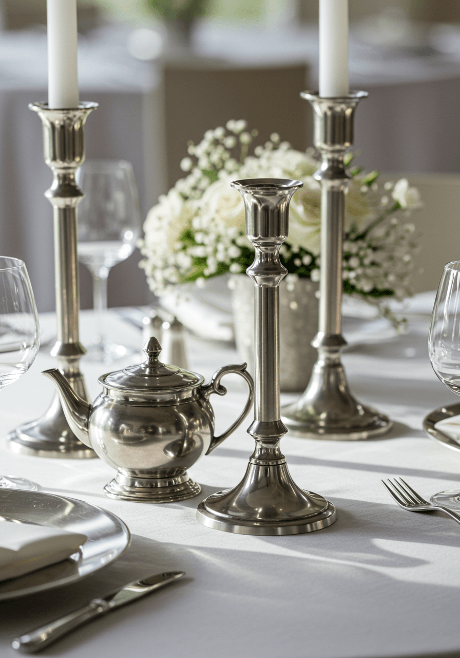 Elegant Polish pewter serving pieces and candlesticks arranged on white linen in modern wedding reception venue