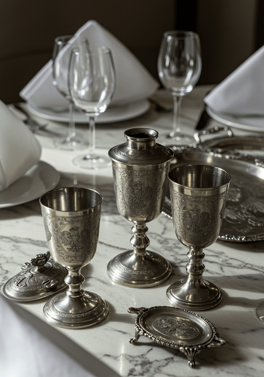 Overhead view of ornate Polish pewter wedding accessories including candelabras and engraved chalices on marble surface