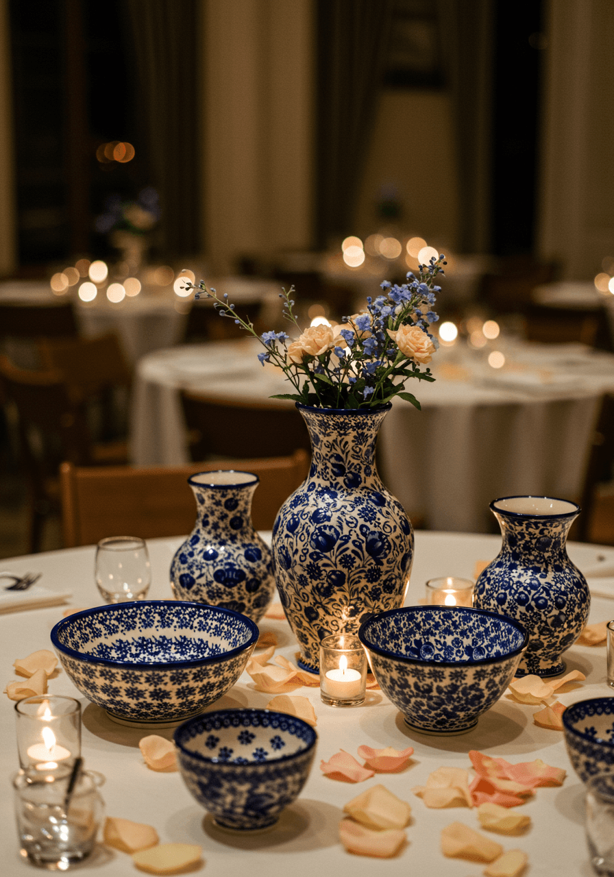 Collection of traditional Polish pottery bowls with cobalt blue folk patterns as wedding centrepieces in elegant ballroom