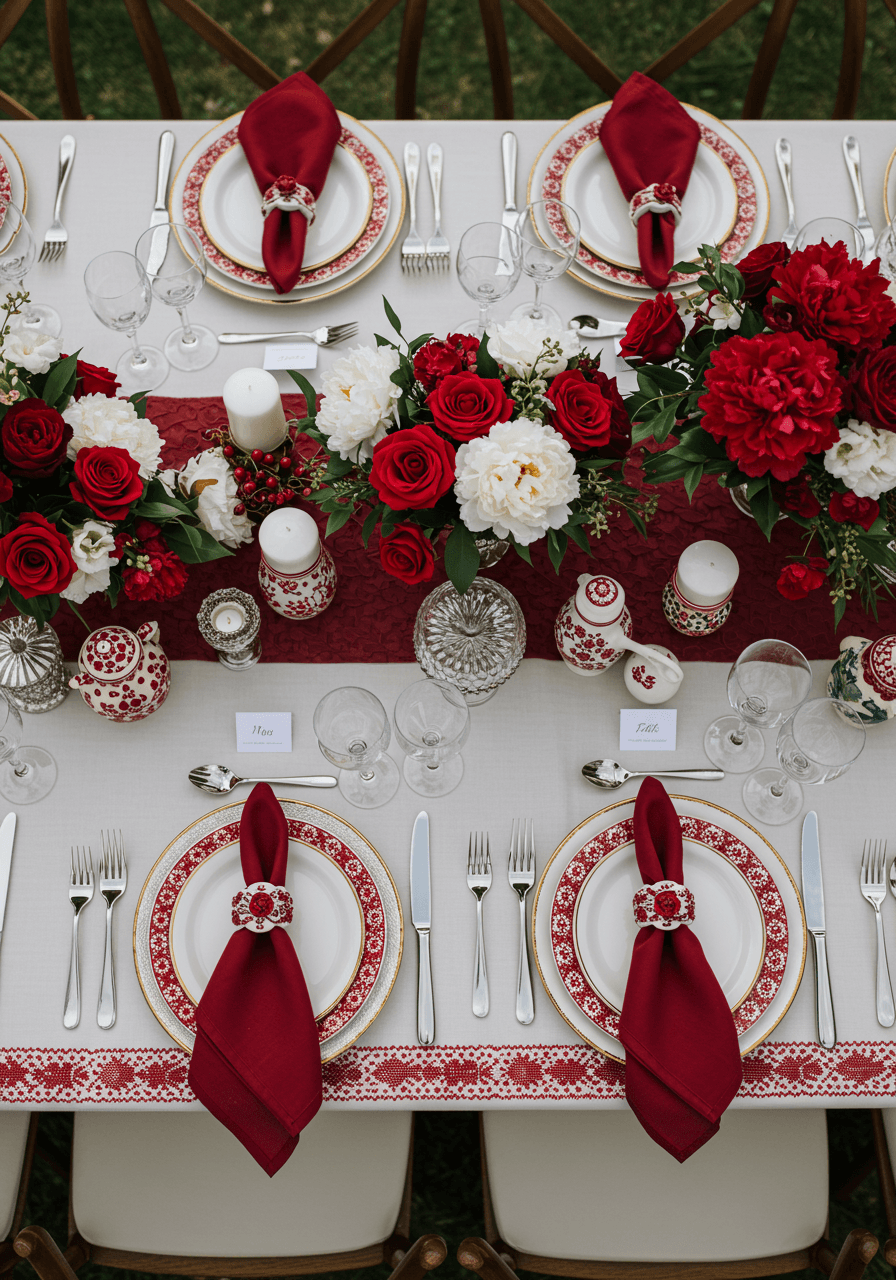 Overhead view of Polish wedding reception table with red and white colour scheme, traditional pottery accents and geometric linen borders