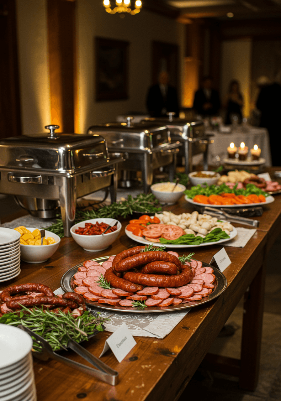 Artfully arranged Polish kielbasa station with elegant serving platters and herb garnishes on rustic wooden table