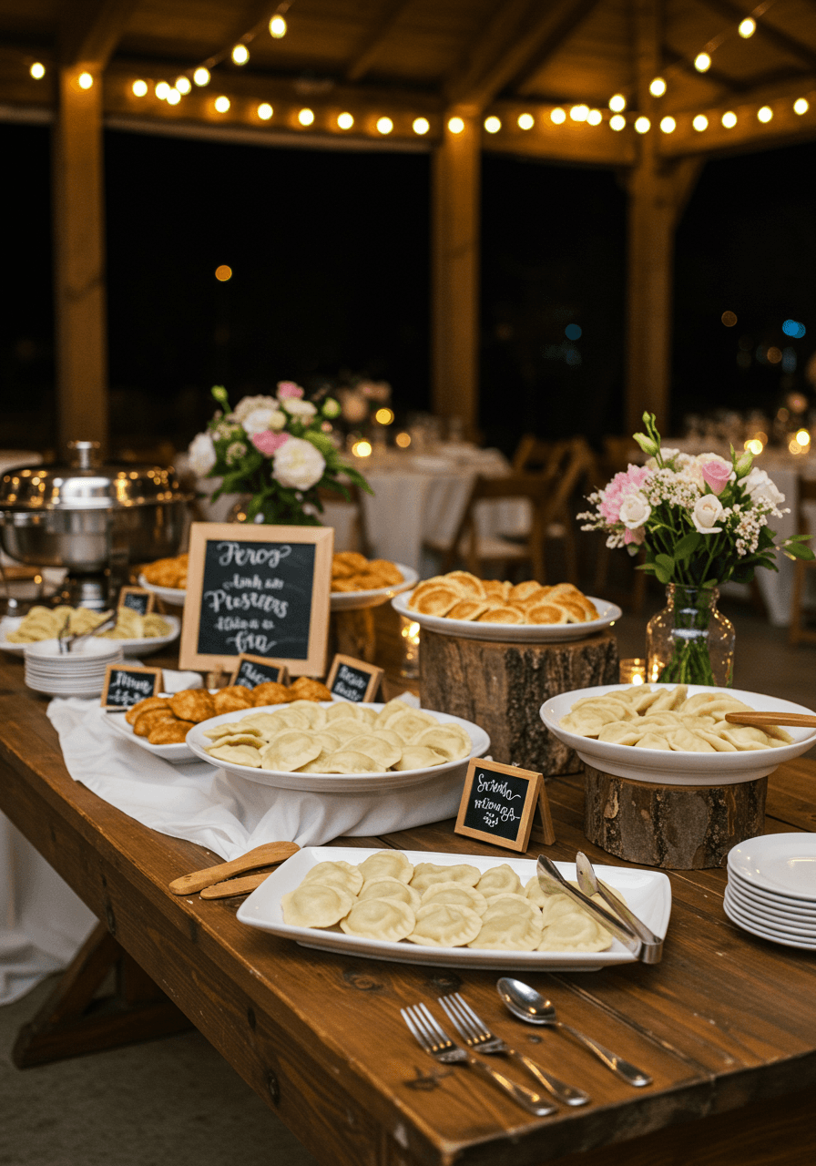 Elegant pierogi bar setup with white serving platters and rustic wooden accents in upscale wedding reception venue