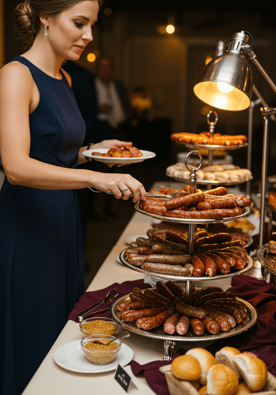 Wedding guest in navy dress selecting from gourmet kielbasa station with tiered silver platters in modern reception hall