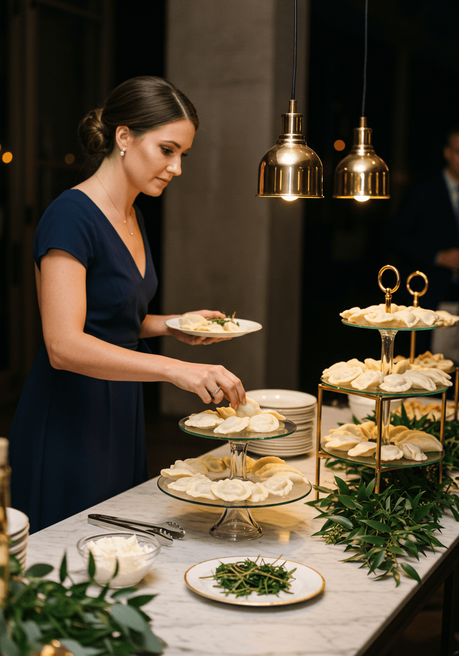 Wedding guest in navy cocktail dress selecting pierogi from tiered glass stand at modern reception pierogi bar