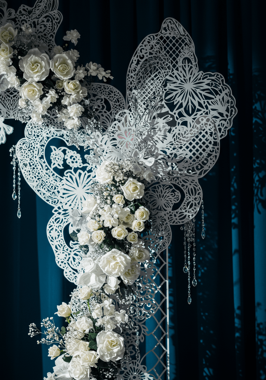 Ornate wedding ceremony backdrop featuring modern interpretations of Polish wycinanki paper cutting art in white and silver