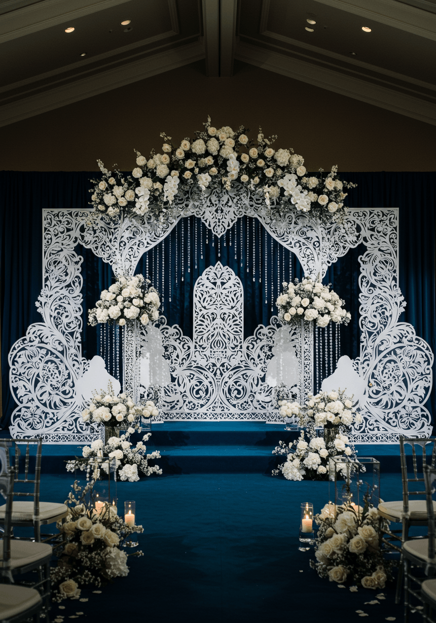 Wide view of contemporary Polish paper cutting art installation with geometric folk patterns and crystal accents