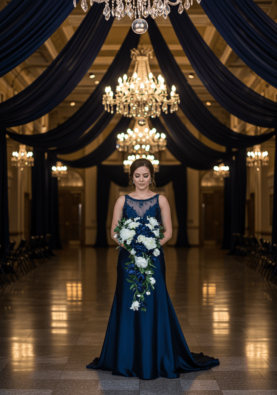 Bride in flowing navy blue silk gown with cascading bouquet of navy delphiniums and white peonies in elegant ballroom