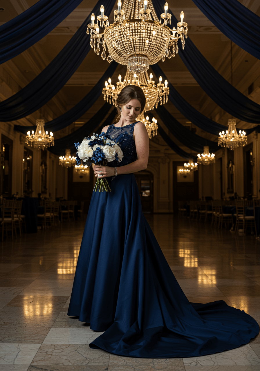 Navy blue bride adjusting white peony bouquet in crystal chandelier ballroom with navy draping