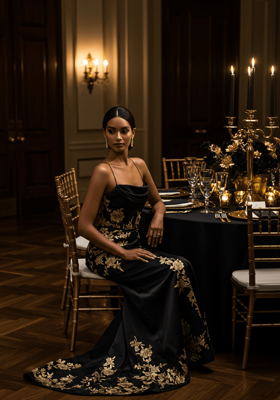Bride in sleek black silk wedding dress with gold metallic embroidery beside elegant black and gold tablescape in luxurious ballroom
