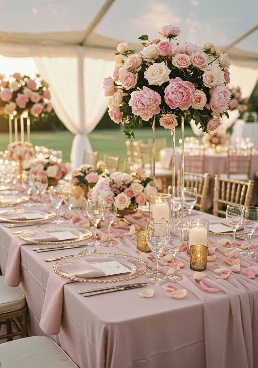 Blush pink wedding reception tablescape with rose gold chargers and towering peony centerpieces in romantic tent