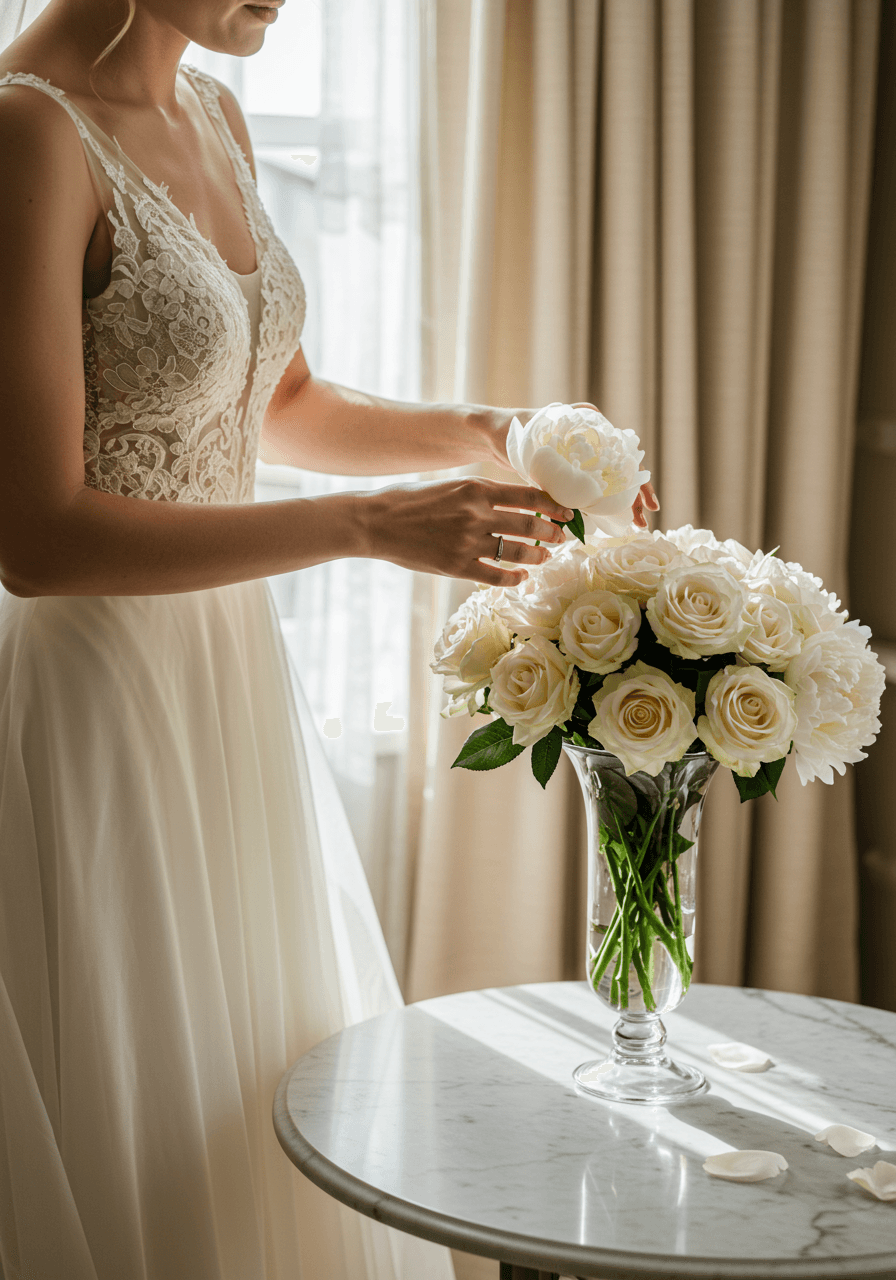 Elegant bridal suite scene with cream silk bride arranging white flowers on marble table in golden hour light