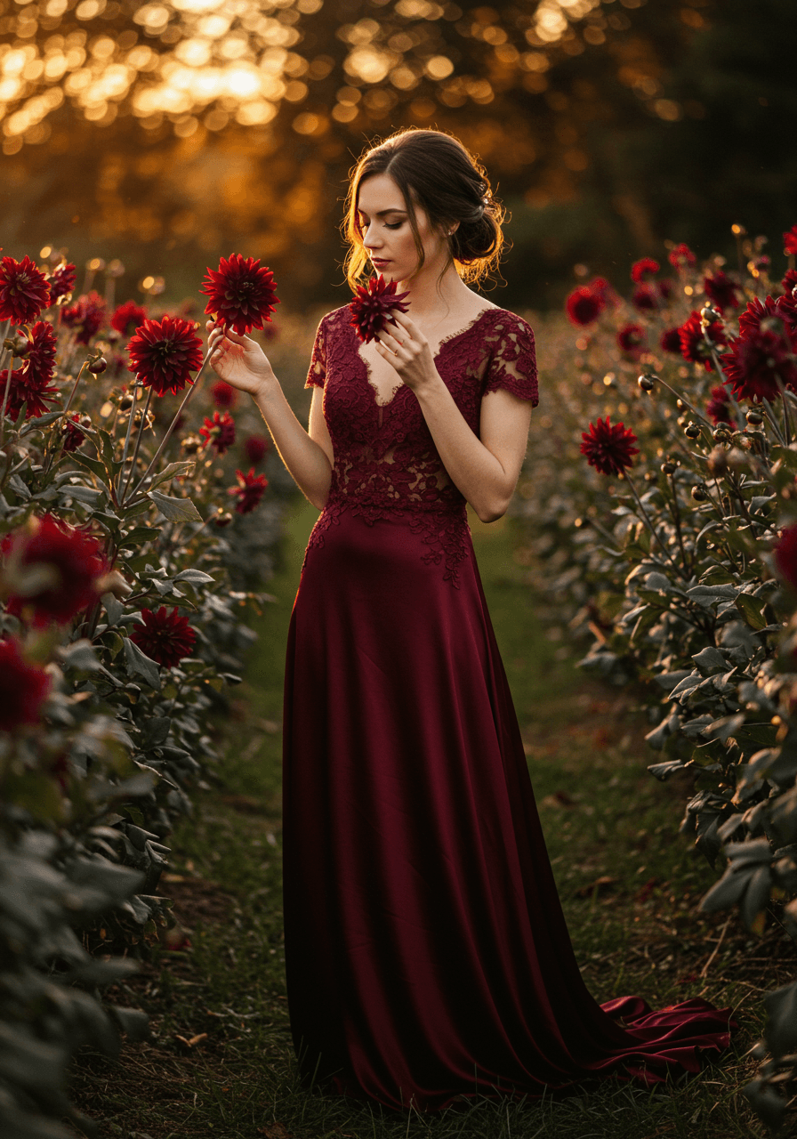Romantic bride portrait in wine-coloured gown with deep burgundy florals during golden hour light