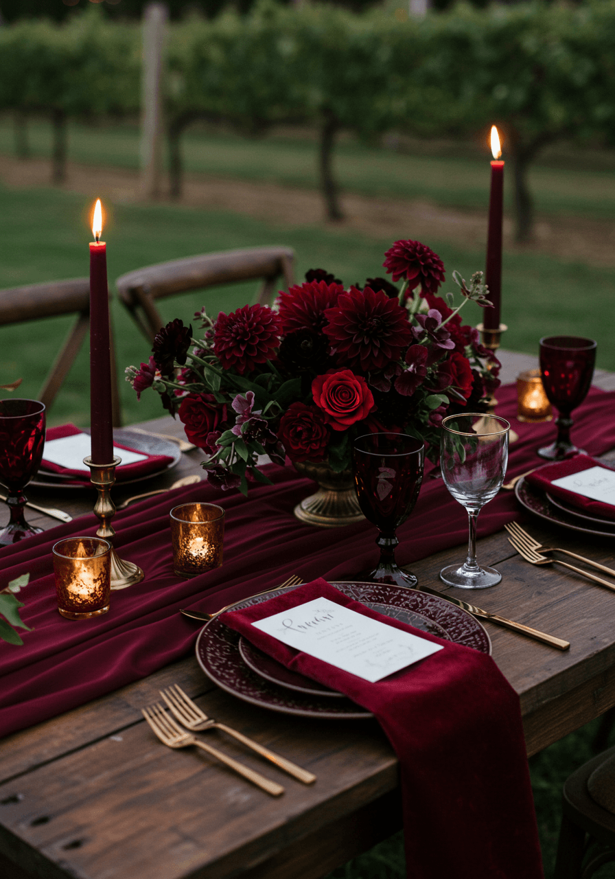 Elegant burgundy vineyard wedding tablescape with velvet runners and deep wine-coloured florals at twilight