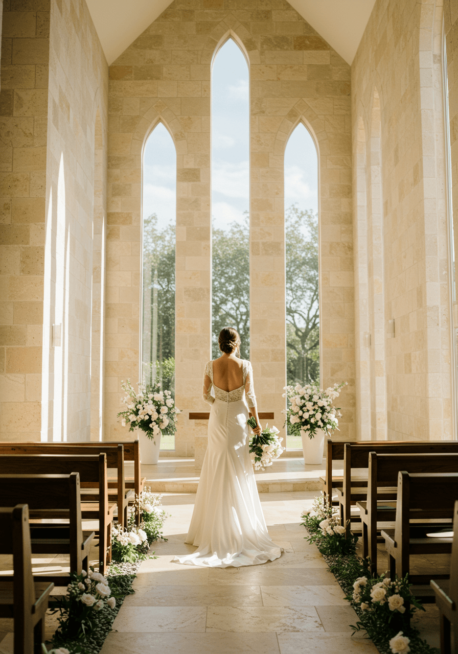 Elegant ivory bride walking down chapel aisle in flowing silk gown with natural light streaming through windows
