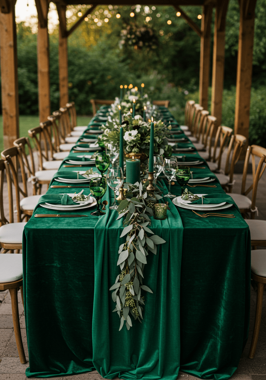 Sophisticated green monochromatic table setting with emerald velvet runner and sage napkins during golden hour