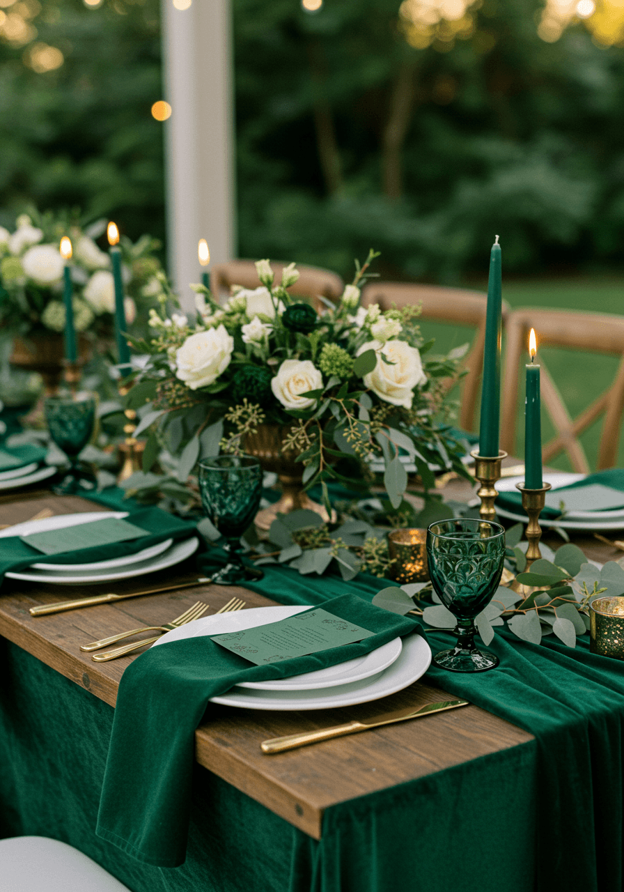 Elegant emerald green wedding tablescape with varying shades of green linens and eucalyptus in garden pavilion