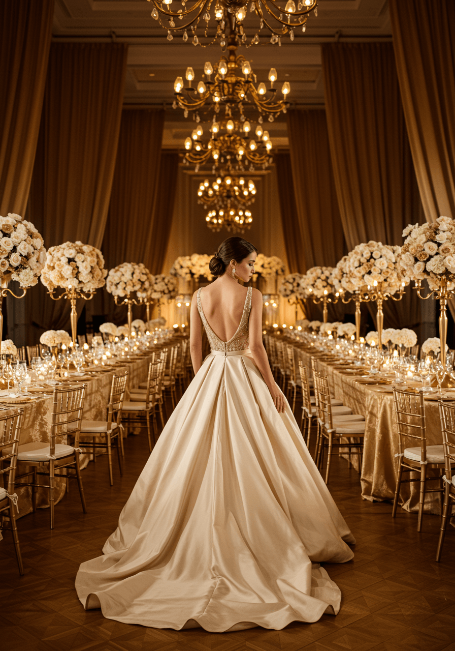 Bride in flowing champagne gold silk wedding dress in elegant ballroom with gold draping and metallic accents
