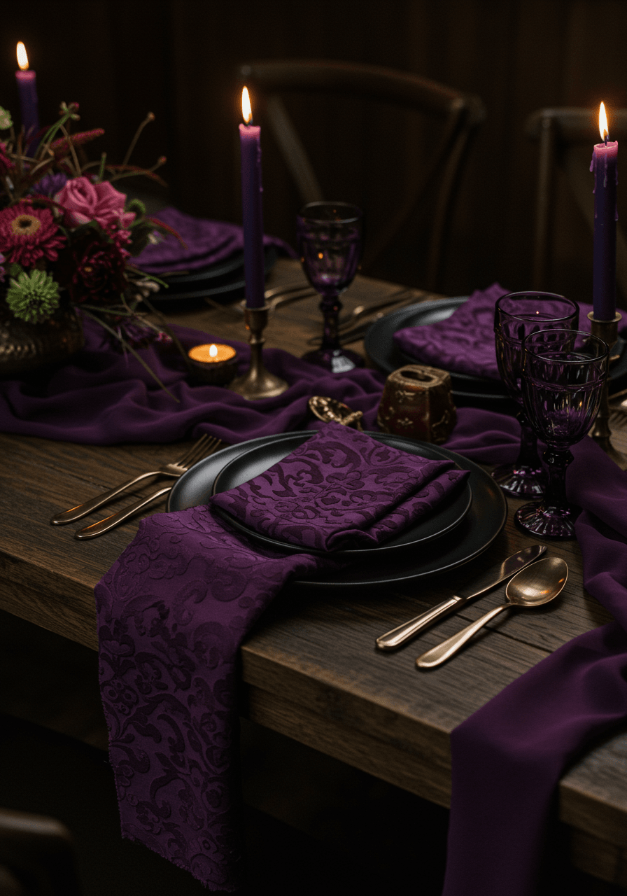 Midnight purple textile arrangement with velvet ribbons and brushed metal accents on dark wooden surface