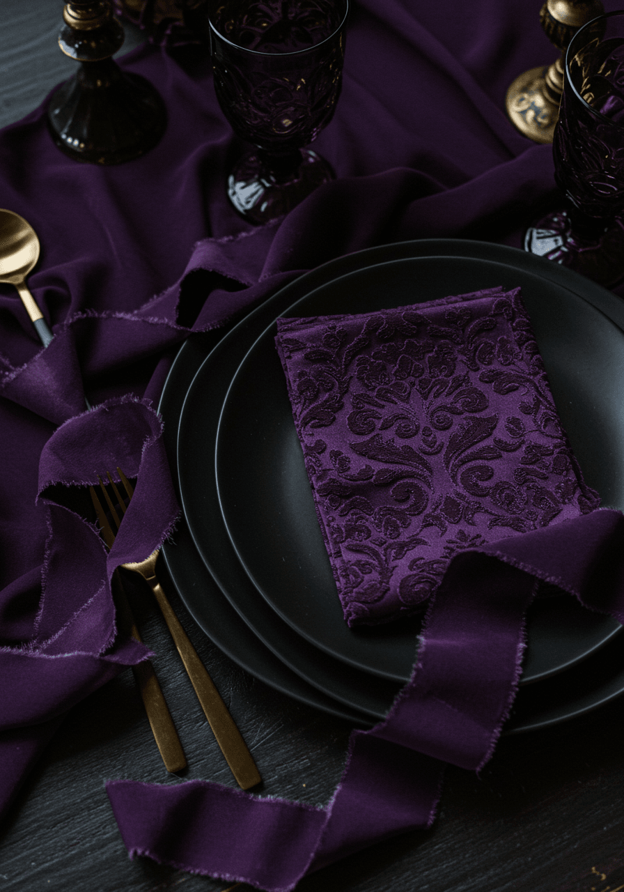 Close-up of midnight purple wedding details with silk napkins, damask patterns, and matte black ceramic plates