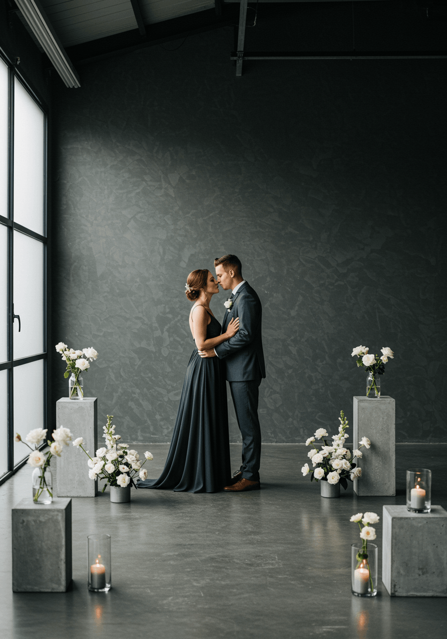 Bride and groom sharing intimate moment in minimalist ceremony space with smoky gray walls and concrete floors