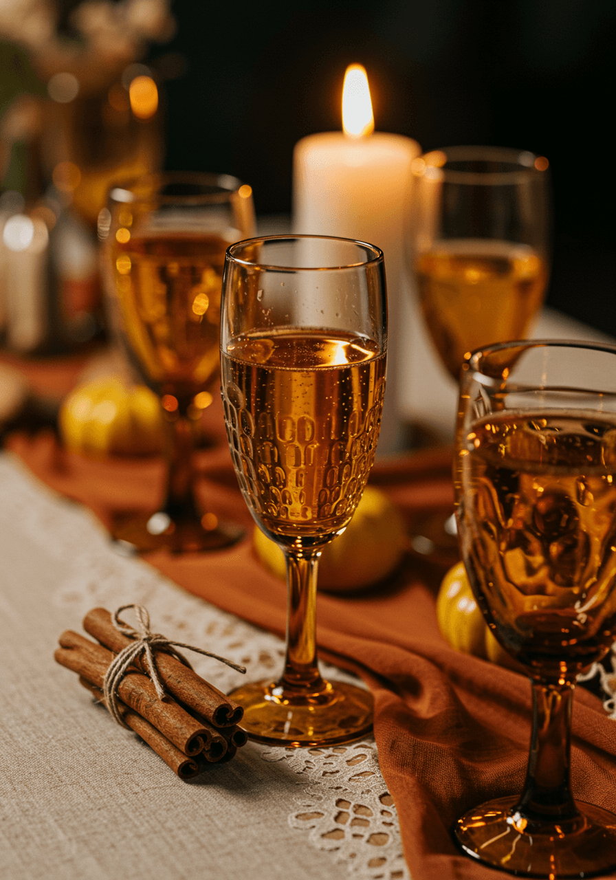 Close-up of amber champagne glasses with tied cinnamon stick bundles