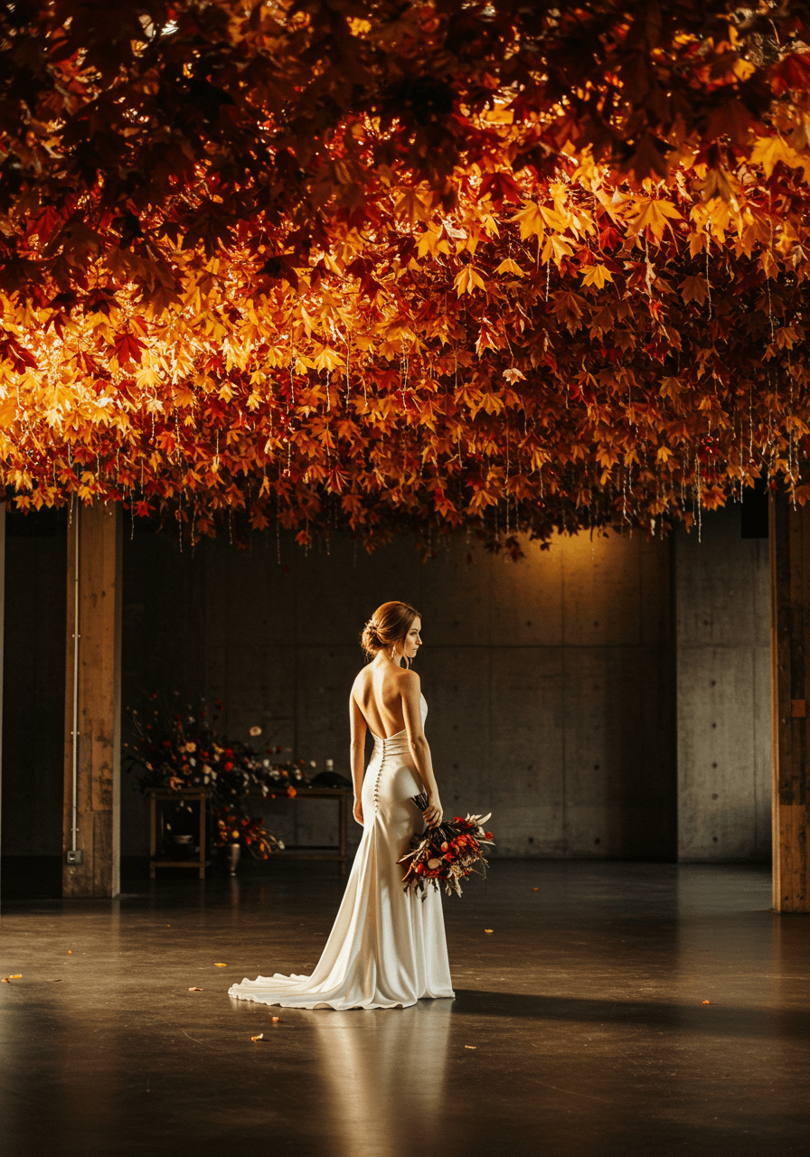 Bride in ivory silk gown standing beneath suspended autumn leaf canopy