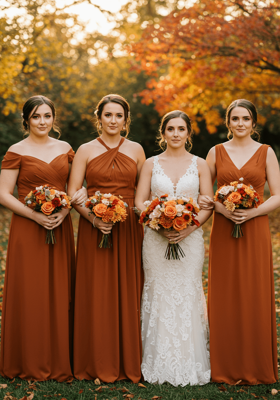 Four bridesmaids in different styles of rust-coloured dresses in elegant outdoor garden