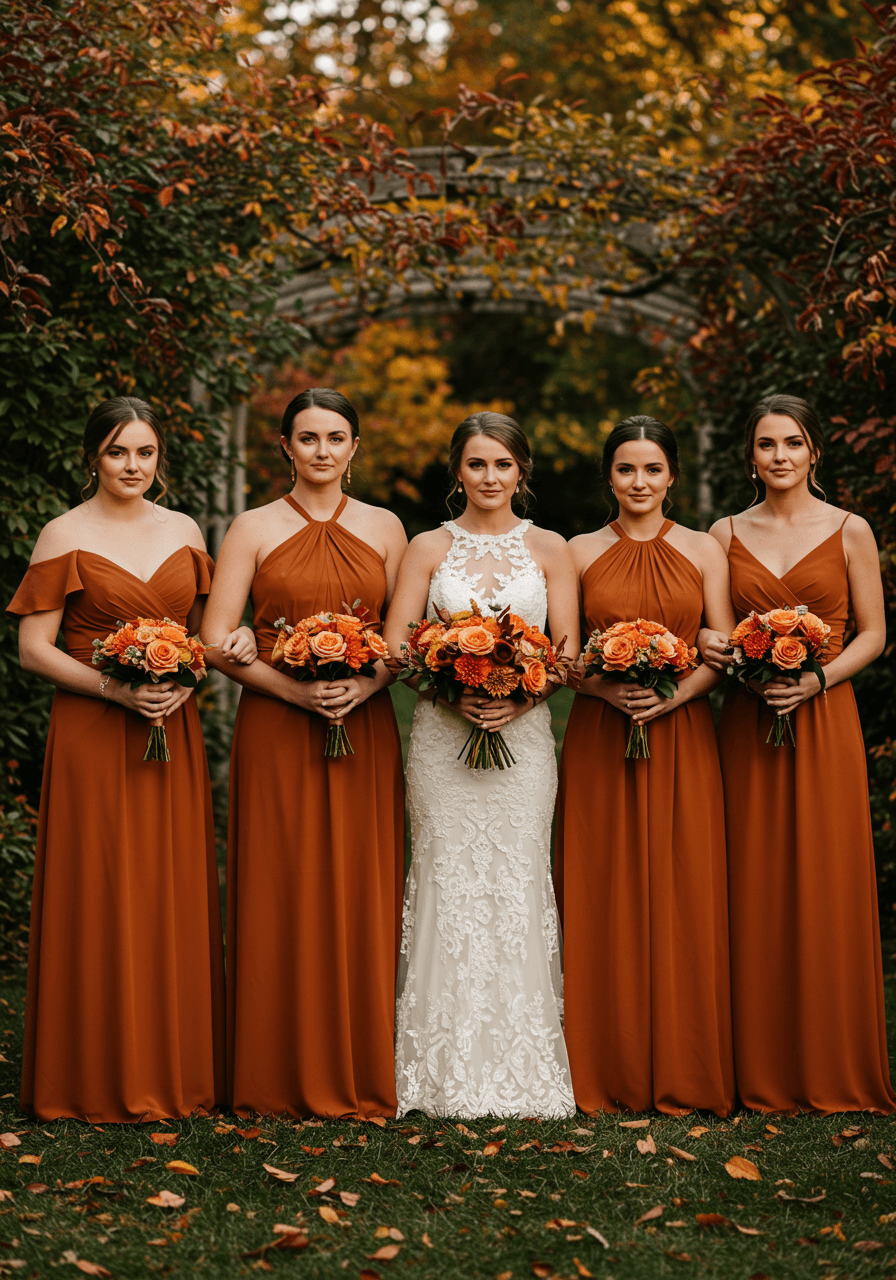 Low angle shot of bridesmaids in varied rust dress styles during golden hour