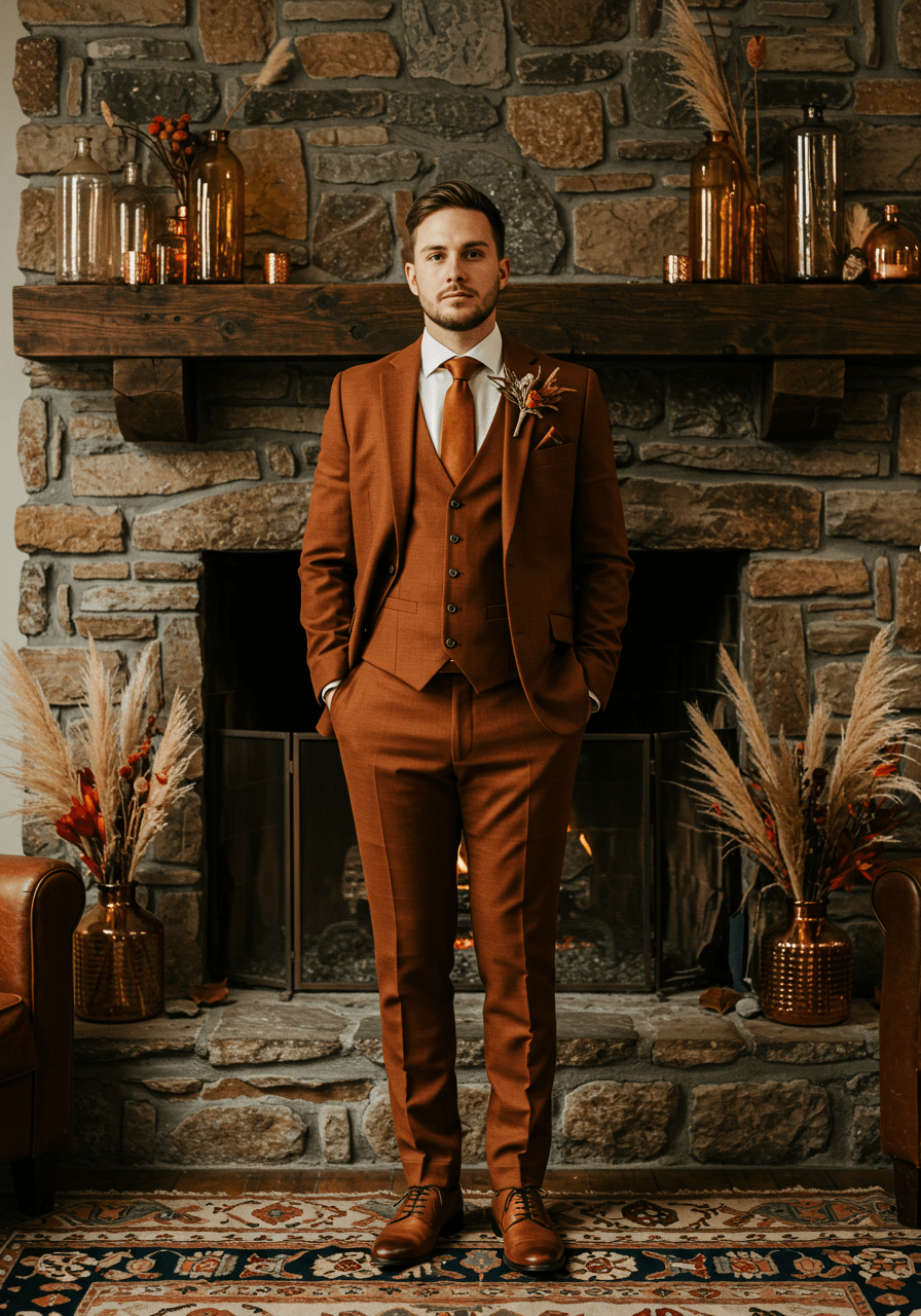 Groom in rust three-piece suit standing by rustic stone fireplace in elegant autumn wedding venue