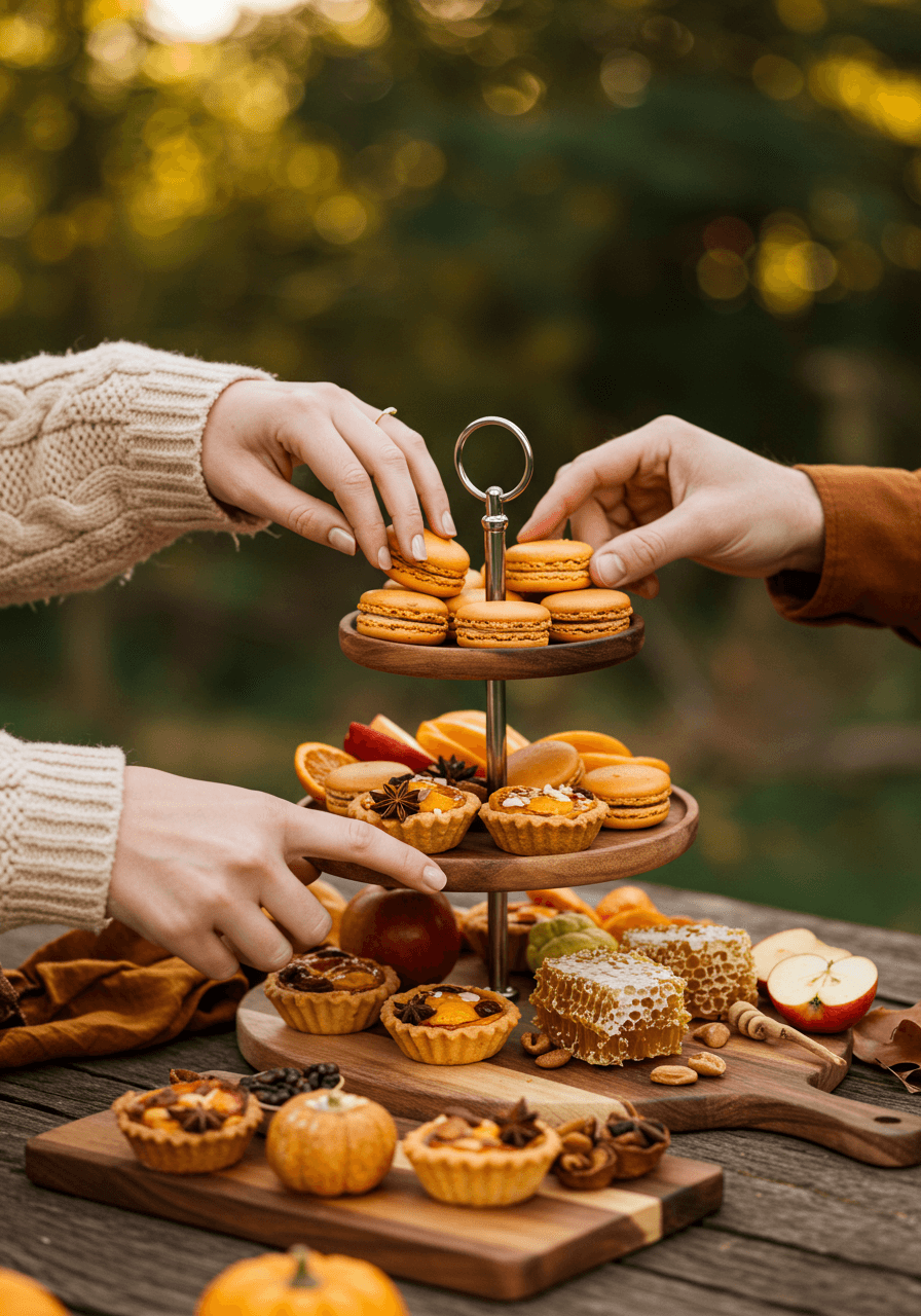 Couple's hands reaching for pumpkin spice macarons from tiered grazing display