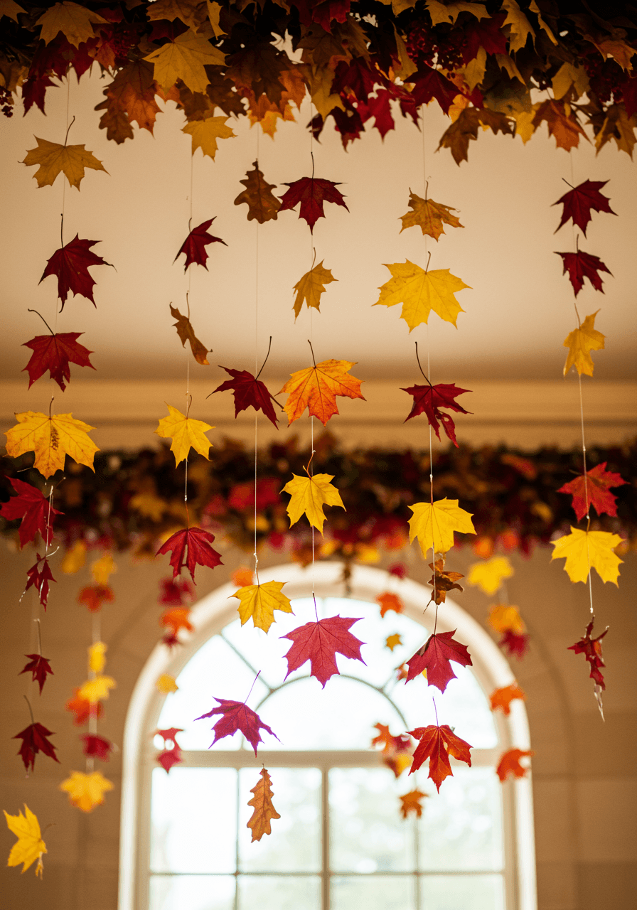 Close-up of hanging autumn foliage installation with invisible wire supports