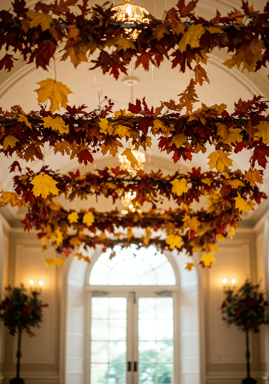 Cascading autumn leaves suspended from ceiling in modern wedding venue