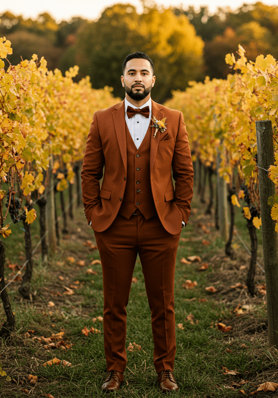 Dapper groom in rust-coloured three-piece suit with burgundy bow tie standing in golden autumn vineyard