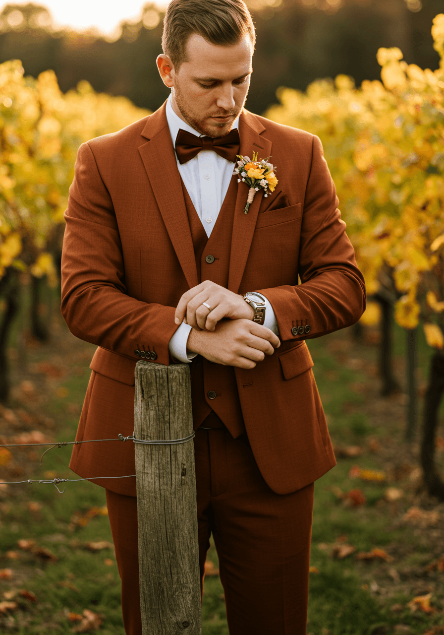 Close-up detail of groom's rust suit cufflinks and burgundy bow tie in vineyard setting