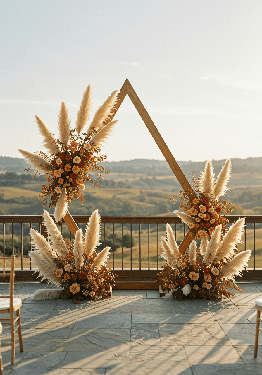 Deconstructed wedding arch with pampas grass and rust florals on outdoor terrace